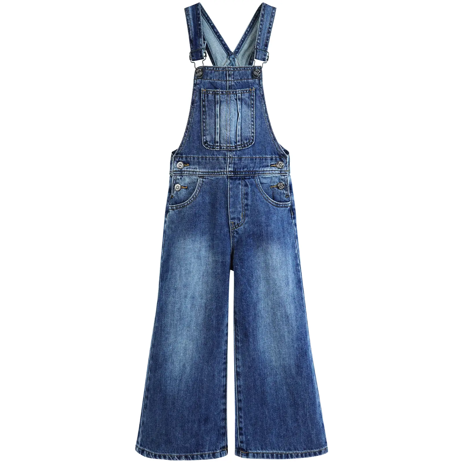 Kidscool Space Girls Wide Leg Denim Overalls - Retro Baggy Jean Jumpsuit with Adjustable Straps for Kids 5-13Y