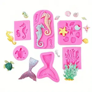 [Durable Silicone Molds] 6pcs/set Ocean Animals Silicone Molds | Large Seahorse Mermaid Tail Coral Turtle Shell Starfish, Suitable for Polymer Clay, DIY Crafts, Soap Making, Candle Creation - Durable, Easy to Use, Handmade Crafts