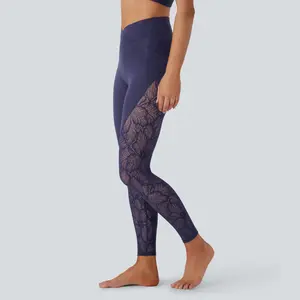 Halara Softlyzero High Waisted Crossover Side Pocket Contrast Lace 7/8 Yoga Leggings-UPF50+