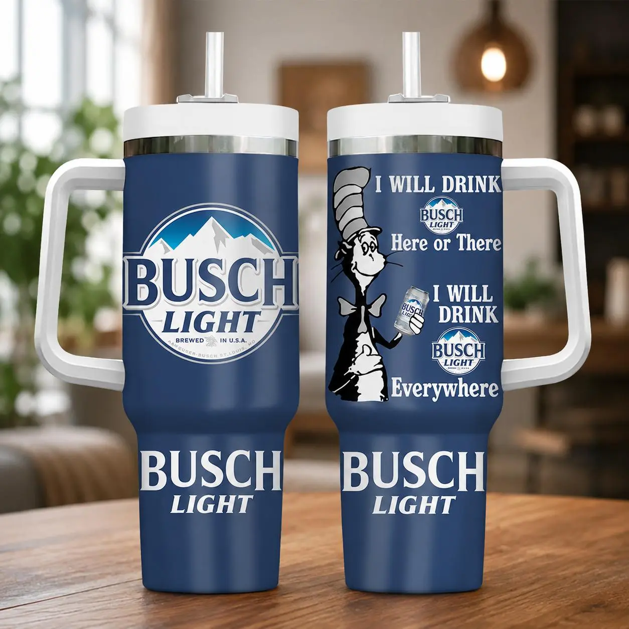 Funny Busch Light 40oz Travel Tumbler, Large Cup with Handle and Straw, Birthday Gift for Beer Fans
