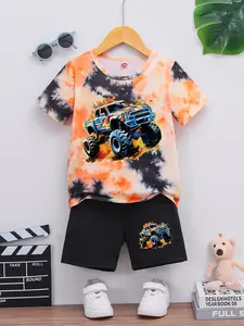 Adorable Dinosaur Print Set for Babies, Comfortable Fashion, Casual Loose-Fitting Suit, Short Sleeve Top and Shorts, Baby Boy Clothes