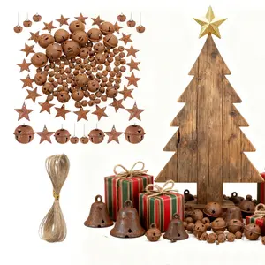 140 Pieces Rustic Christmas Bell Set, Includes 100 Small Rustic Jingle 20 Star Cutout Bells 20 Metal Star Hanging Ornament 5m Rope for Christmas Tree Home Decor DIY Craft