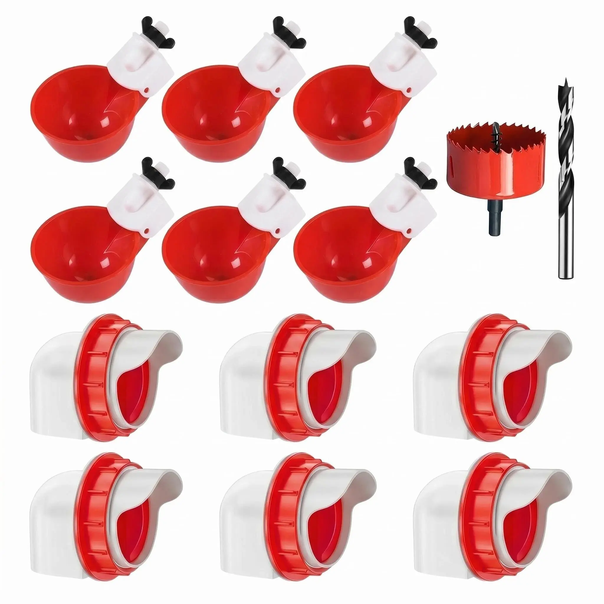 New No Waste Automatic Chicken Duck Feeder and Waterer Set Rainproof Poultry Feeding Kit with 6 Feeding Ports 6 Water Cups Includes Hole Saw and Drill Bit