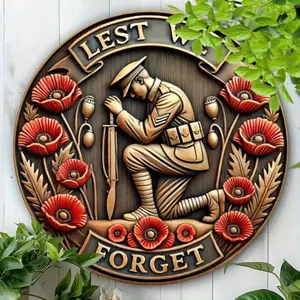 Hello YoungVintage military tribute wall sign! Round aluminum with soldier & poppy, durable for homes, bars – a heartfelt salute!