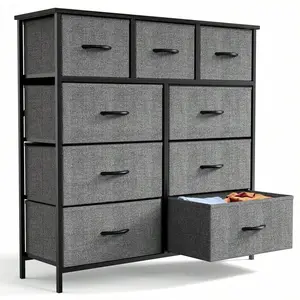 Fabric Storage Dresser With 9 Drawers, Steel Frame And Wooden Top For Bedroom, Closet And Entryway