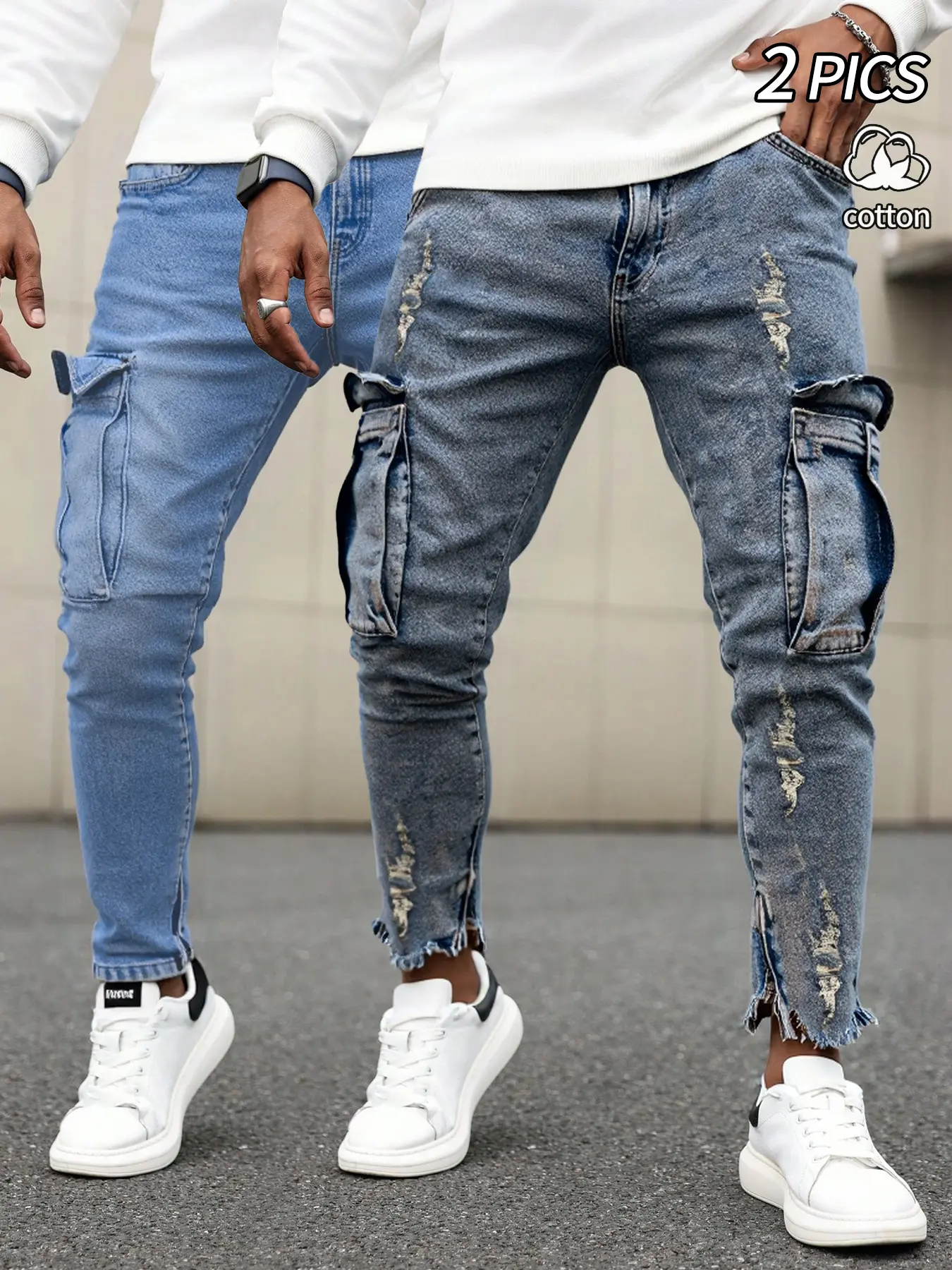 Men's slim-fitting stretch Elastic Denim jeans two-piece set, featuring a ripped and tight design, distressed and torn edges, a straight, fashionable and Streetwear style, a comfortable and flexible waistband, perfect for casual wear