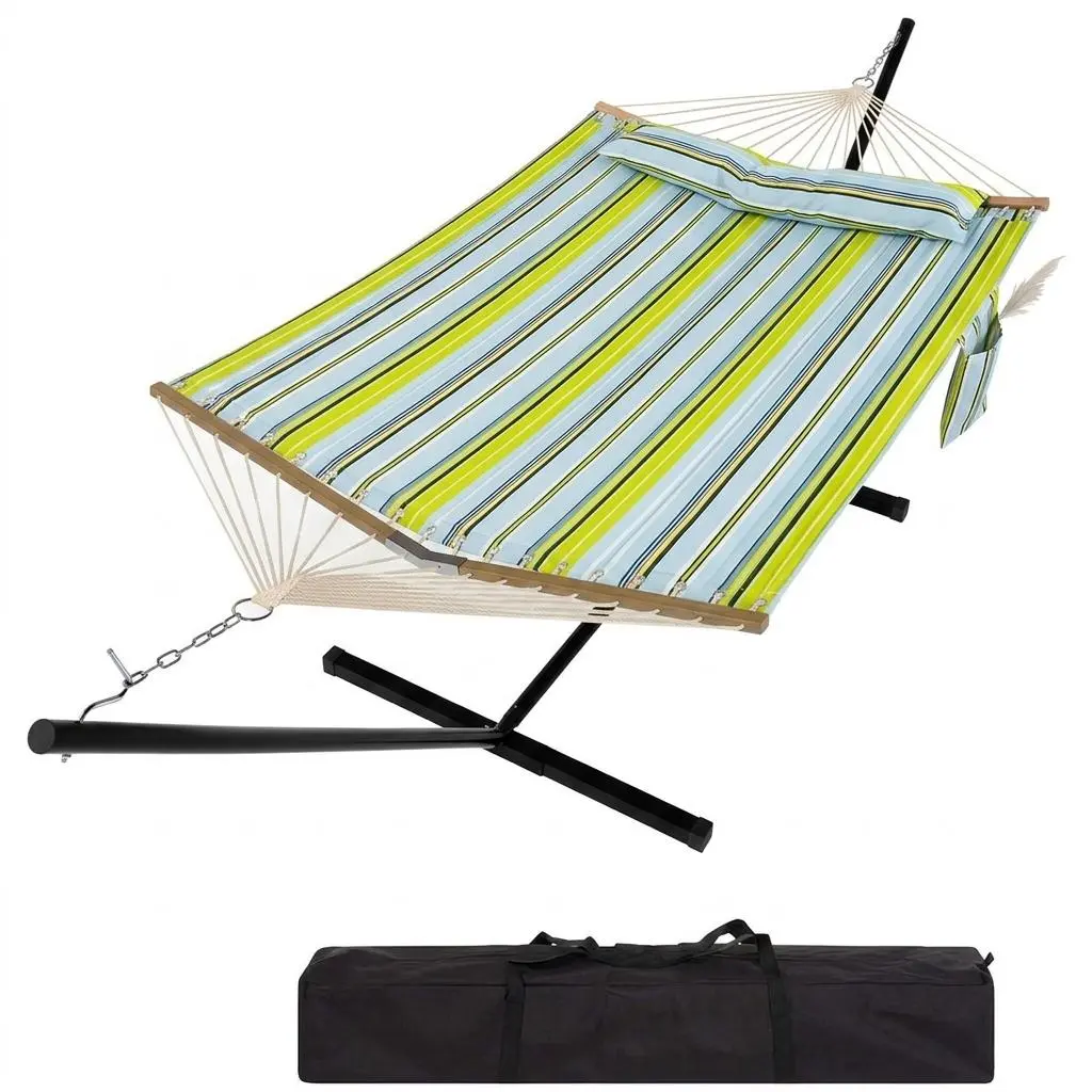 【Summer Sale】Twin Cotton Heavy-Duty Portable Hammock with Stand, 450 lbs Capacity, Balance Rope, Anti-Rollover, Built-In Pillow, for Patio Backyard Outdoor Furniture (Sports & Outdoor Camping Hammock)