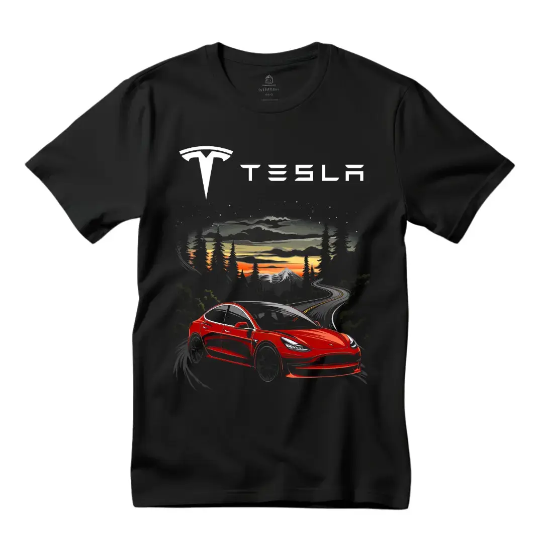 Black Threadz Men's Tesla Model 3 Graphic T-Shirt - Casual Short-Sleeve Round Neck Top for Eco-Conscious Adventurers, Tshirt, Casual Tee Tops, Graphic T Shirts, Shortsleeve, Menswear, Zero Emission Vibe