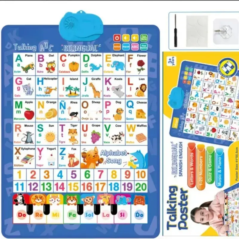 Bilingual Talking Wall Chart for Kids English & Spanish Learning Poster with Songs ABCs Numbers Animal Words & Piano Interactive Educational Toy for No Screen Battery Powered Ideal for Classroom Use