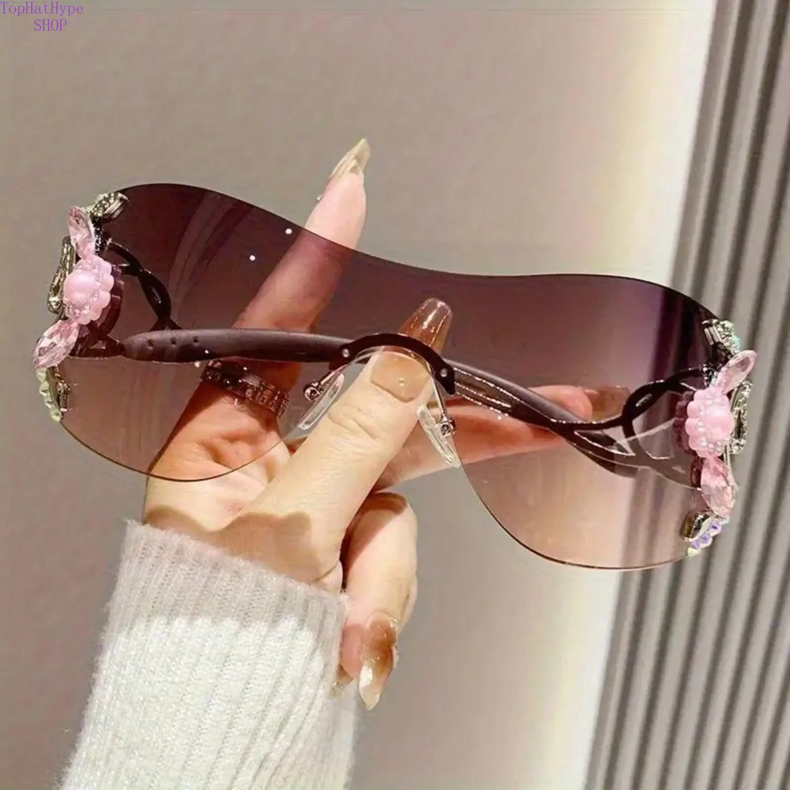 Women's Semi-Rimless Oversized Floral Sunglasses, Polyamide Frame, Gradient Tinted Blue Light Blocking Lenses, Sparkling Floral Accents, for Party, Summer Daily Wear, Floral Women's Sunglasses