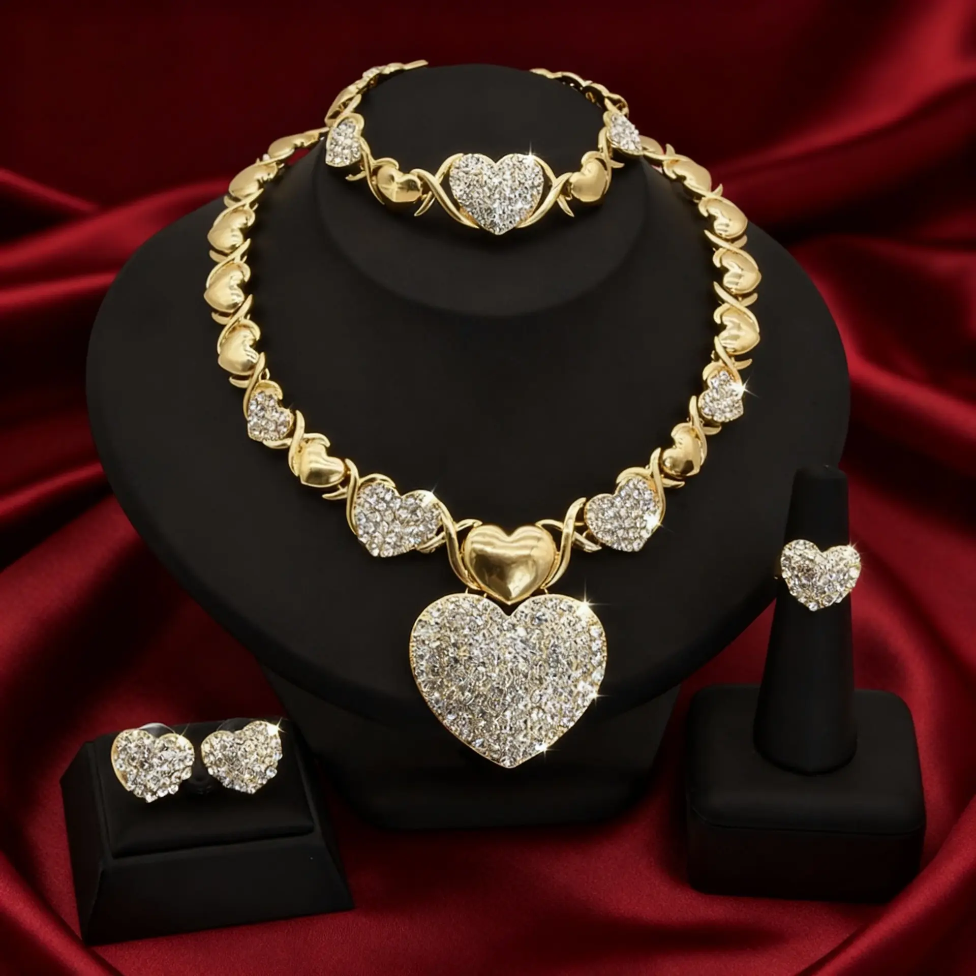 Statement Bridal Jewelry Set for Wedding, Dubai Style Gold Tone Heart Wedding Set Jewelry for Women, 4-Piece Bridal Accessory with Necklace, Earrings, Ring & Bracelet