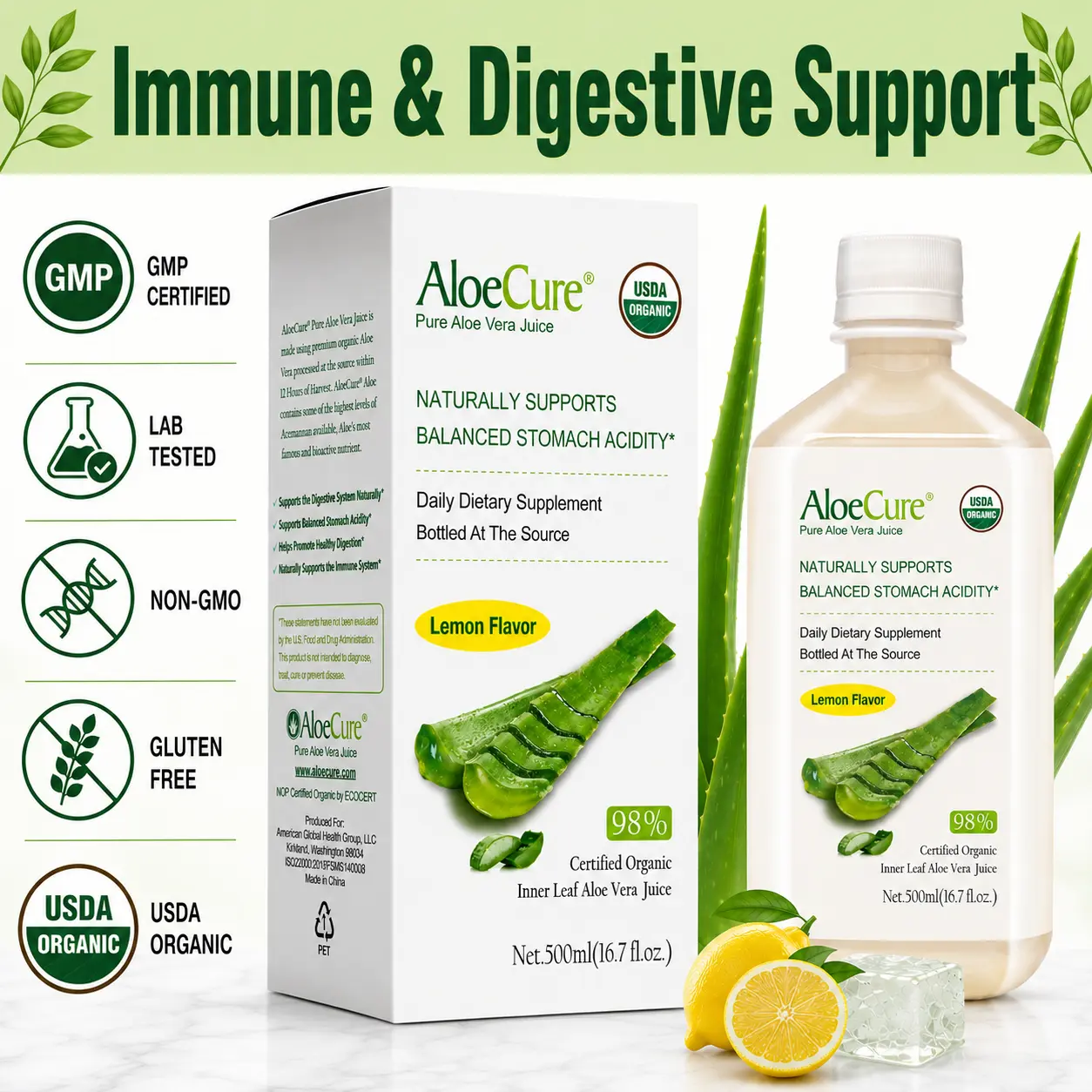 AloeCure USDA Organic Liquid Aloe Vera Juice - Lemon Flavor, 500ml, 98% Pure Inner Leaf Gel, Gluten-Free, Dairy-Free, Low-Temp Process, Digestive Aid, Immune Support, Easy Sipping 12-Hour Fresh Supplement