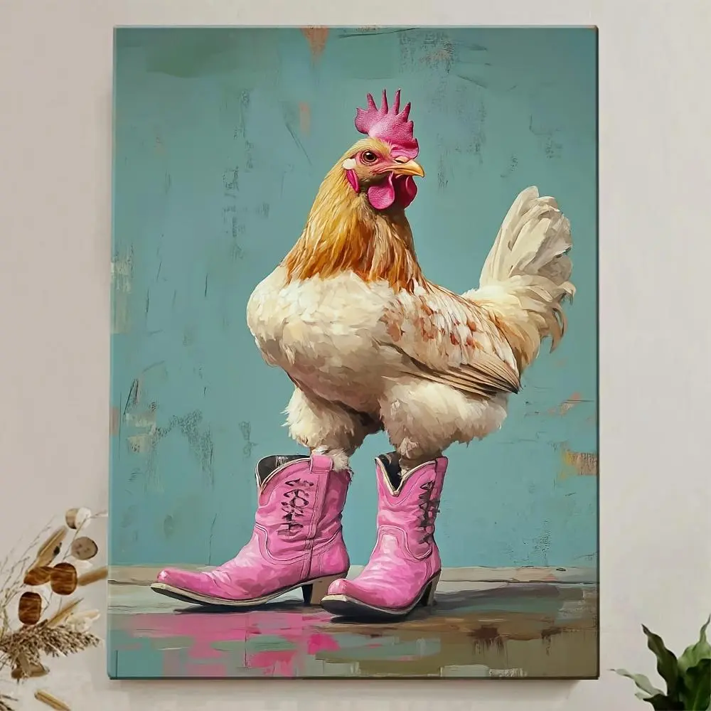 Wooden Frame Artistic Wall Art - Chicken in Pink Cowboy Boots, Home Decor Decoration for Living Room, Bedroom