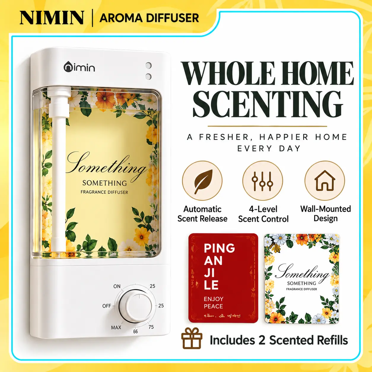 Nimin Smart Wall-Mounted Waterless Aroma Diffuser - Automated Device with 4 Adjustable Scent Levels, Quiet Digital Display, 25/50/75/Max Customizable Intensity, Lavender Compatible, Home Aromatherapy, Hilton-Style Odor Control, Bedroom Use