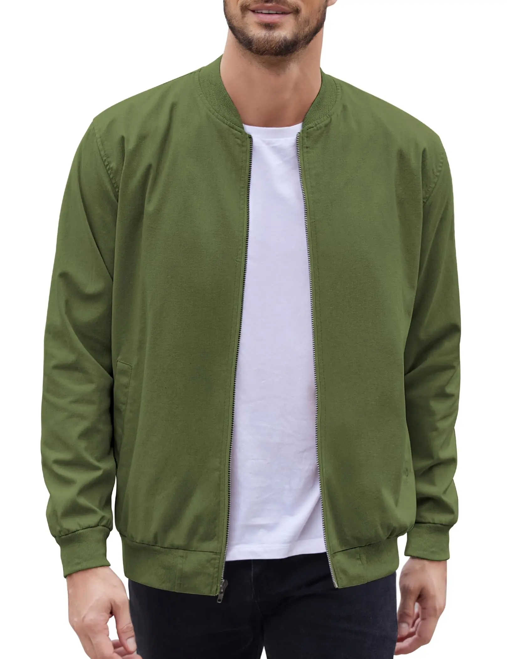 Coofandy Men's Olive Green Lightweight Bomber Jacket Premium Linen Fabric Casual Style Medium Size Rib Collar & Side Pockets Perfect for Spring Fall Winter