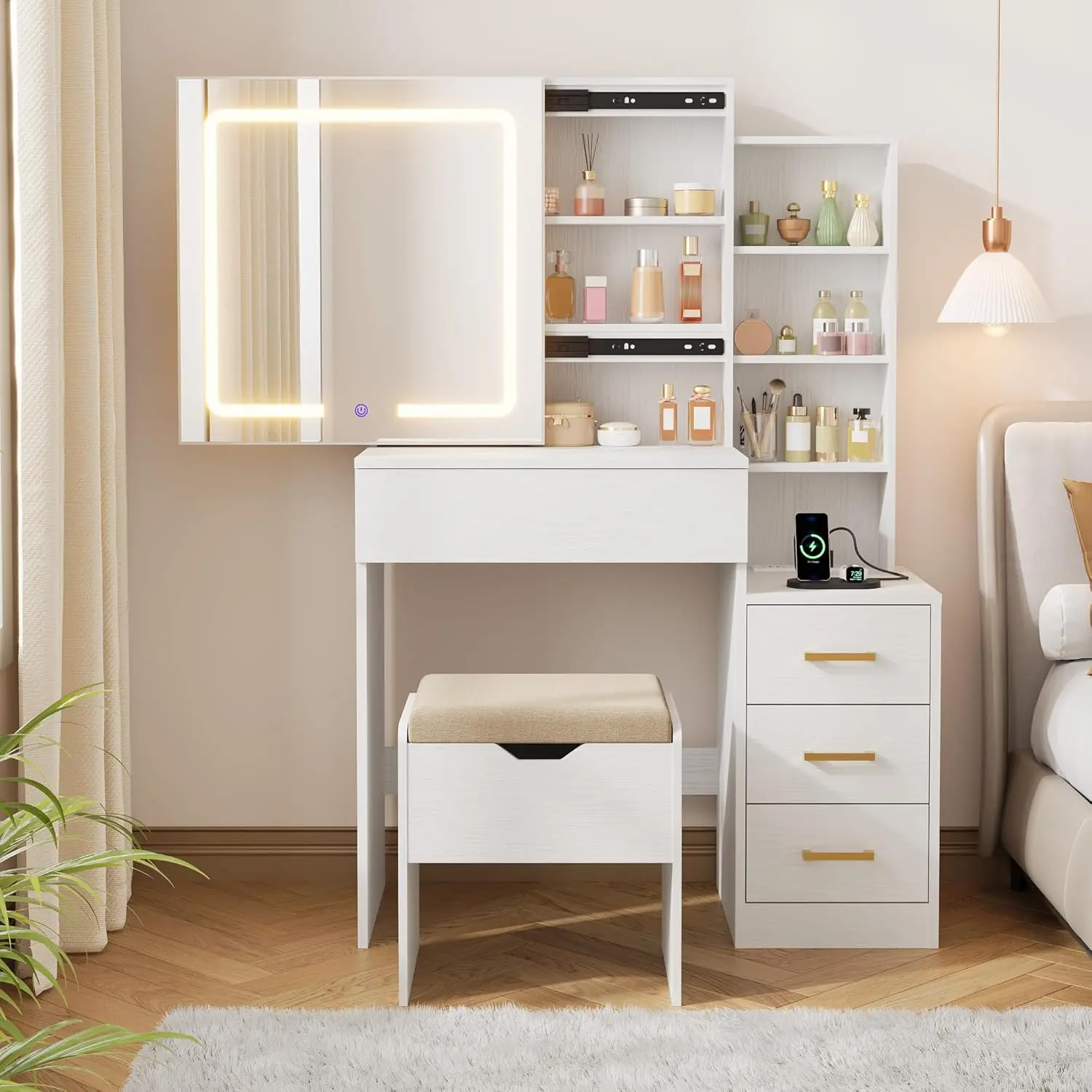 Vanity Desk with Mirror and Lights, Vanity Table and Chair Set with 4 Drawers and Charging Station, Dresser LED Sliding Mirror, White,dorm essentials,home decor