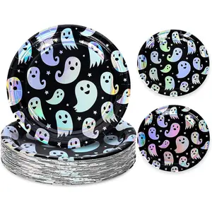 50Pcs Iridescent Halloween Black Disposable Party Plates Silver Laser Ghost Paper Plates Color-Changing Holographic Dinner Plates for Spooky Kitchen Supplies, 9 Inch