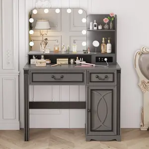 Miu Makeup Vanity with charging station and 11 LED Lights, 3 Lighting Modes, Large Mirror, Retro Edition, Dressing Table for Bedroom