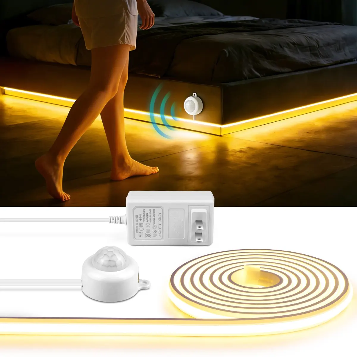 Smart Pir Motion Sensor Switch 24v COB LED Strip Light, Automatic Motion Sensor, Auto On/off, Warm, Us Plug, Ideal for Stairs, Closet, Bedside, Home Decor