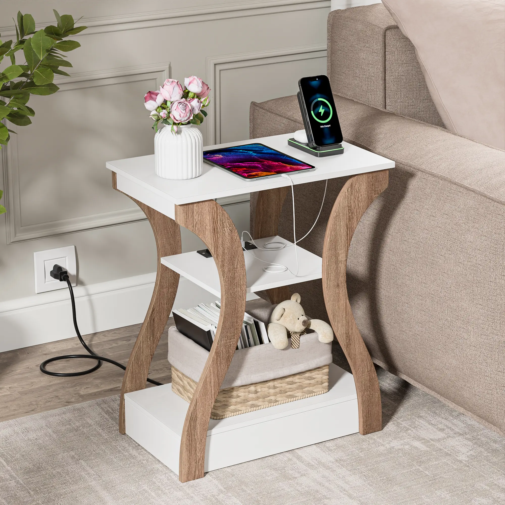 Segawe Contemporary Engineered Wood End Table - Glamorous Curved Wood Nightstand, Modern Bedside Table with Charging Ports, USB Ports, Bedroom Storage, Indoor Furniture Piece, Contemporary End Table