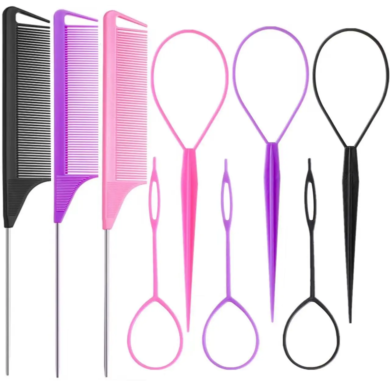 Halloween Fall Gift 9 pcs Topsy Hair Tail Tool and rat tail comb set,6pcs French Braiding Tool ring,3Pcs Metal Parting Combs,Woman Girl Hair Styling (Pink,Purple, Black)