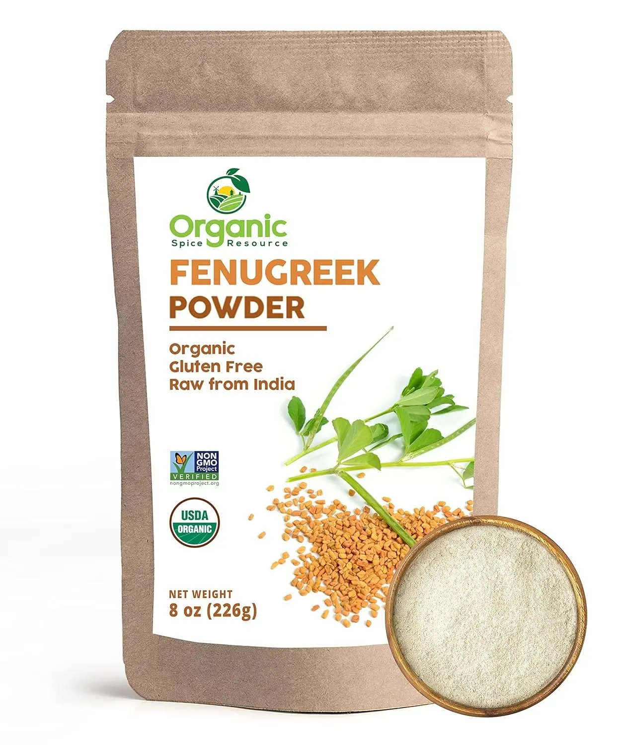 USDA Certified Organic Natural Fenugreek Powder Spice, 8oz (226g) - Non-GMO, 100% Raw Earthy Flavor, 24-Month Shelf Life, Resealable Bag, Cooking Flavor Enhancer, Suitable for Adults