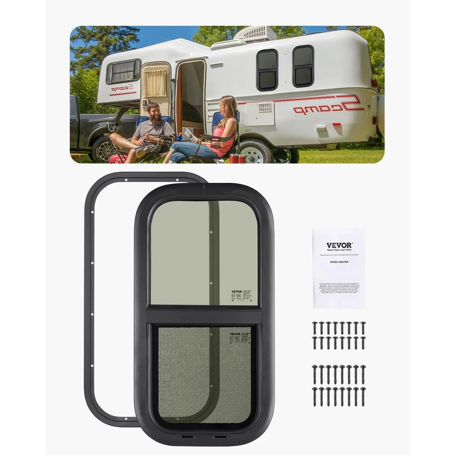 【Summerfinds】VEVOR Vertical RV Window 12" W x 24" H Tinted Sliding RV Window with Net Screen & Trim RingFit 15/16" - 1 3/4" Thickness WallRV Window Replacement for Teardrop Cargo Trailer CamperDOT Approved
