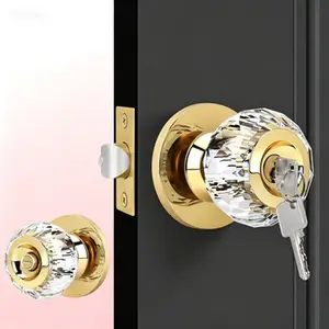 Crystal Glass Door Knobs with Lock, Privacy Door Handle with Keys for Bedroom Bathroom, Diamond Crystal Door Knob Set, Gold 1 Pack, Interior Glass Knobs with Privacy Lock, Reusable Keyed Entry