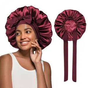 Valentine's Day New Double Layer Satin Adjustable Bonnet with Tie Band for Sleeping Satin Lined Silk Skin Friendly Bonnets for Women Natural Curly Hair Hair Care Cap Elastic