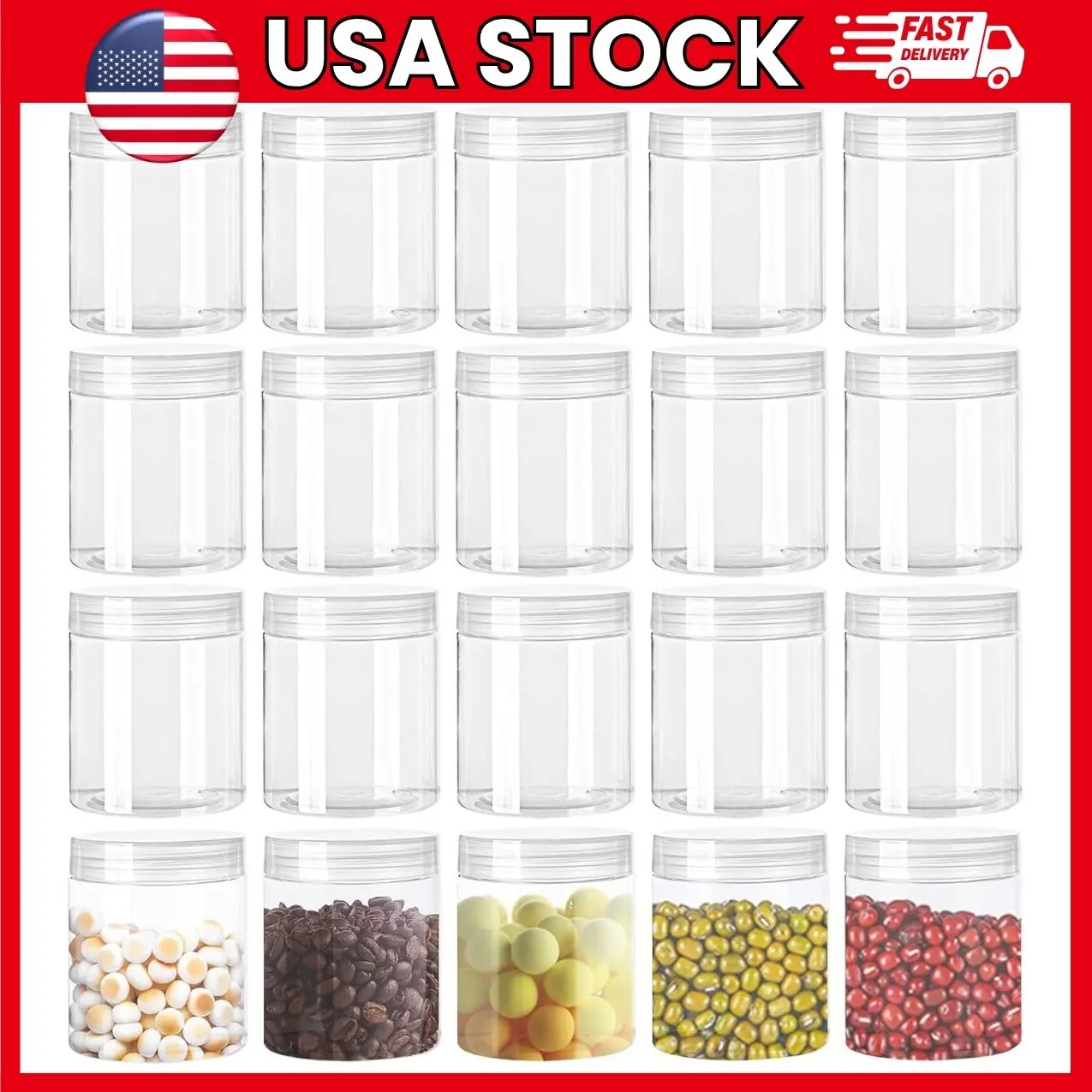 Clear Plastic Jars with Lids, 20 ct 4 oz Wide-Mouth Refillable Empty Round Containers for Candy, Beads, Lotion, Slime & Food Storage | plastic jars with lids, clear plastic jars, 4oz jars, wide mouth jars, empty containers, slime containers