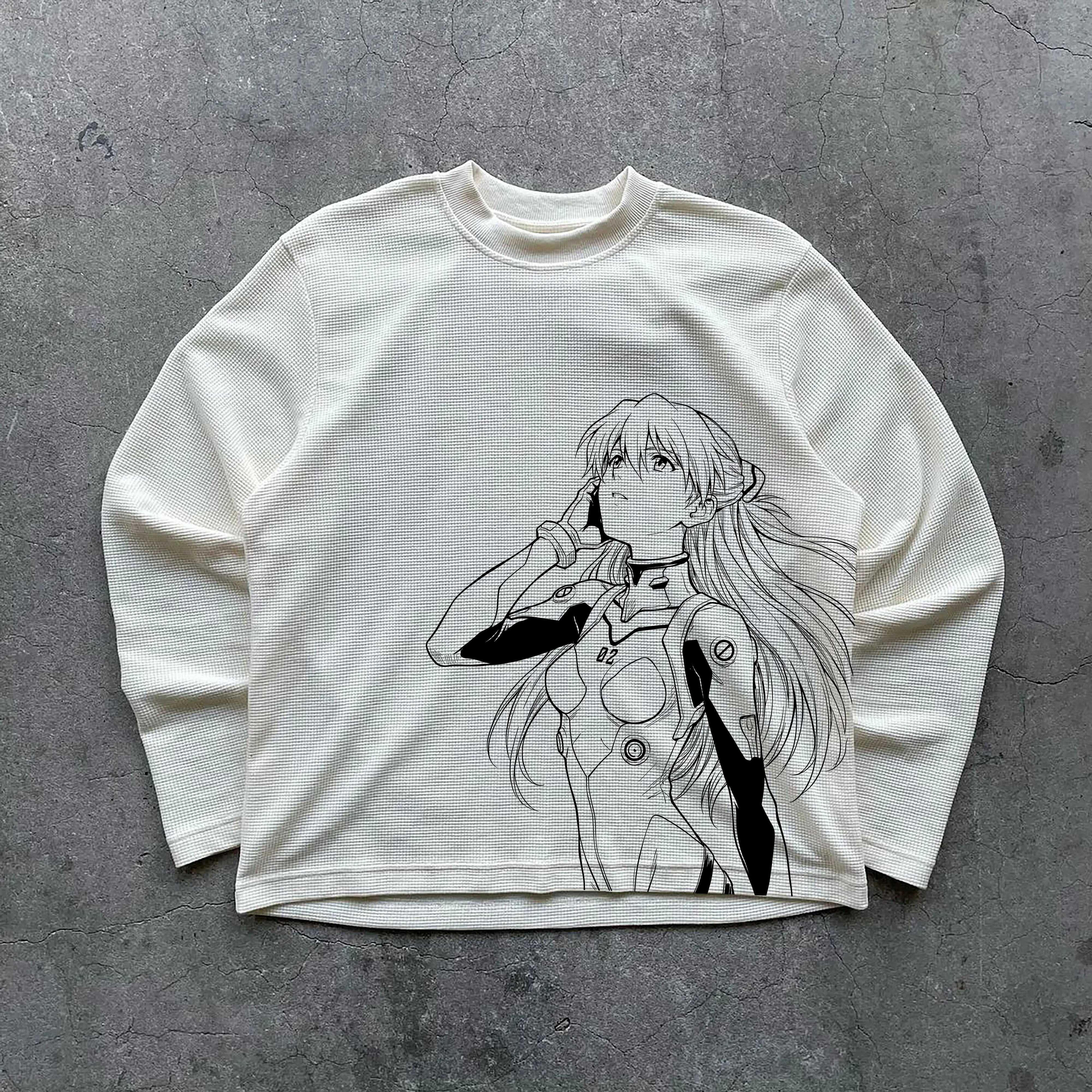 Neon Genesis Evangelion Asuka Graphic Menswear Crew Neck Top - 100% Cotton Heavyweight Fabric, Loose-Fitting Oversized Long-Sleeves, Classic Casual Unisex T-Shirt, Cold Wash True To Size