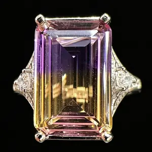 Emerald Cut Bi-Color Ametrine 925 Sterling Silver Pave CZ Adjustable Statement Crystal Ring