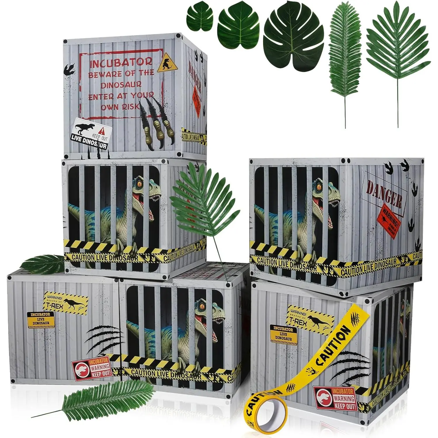 27-Piece Fade-Resistant Foldable Bright Dinosaur Happy Birthday Decorations Set - 6 11.8x11.8x11.8 In 250g Cardstock Dino Boxes, 20 Tropical Artificial Palm Plants, 1 Warning Tape, Jungle Home & Party Supplies Props for Kids' Baby Shower