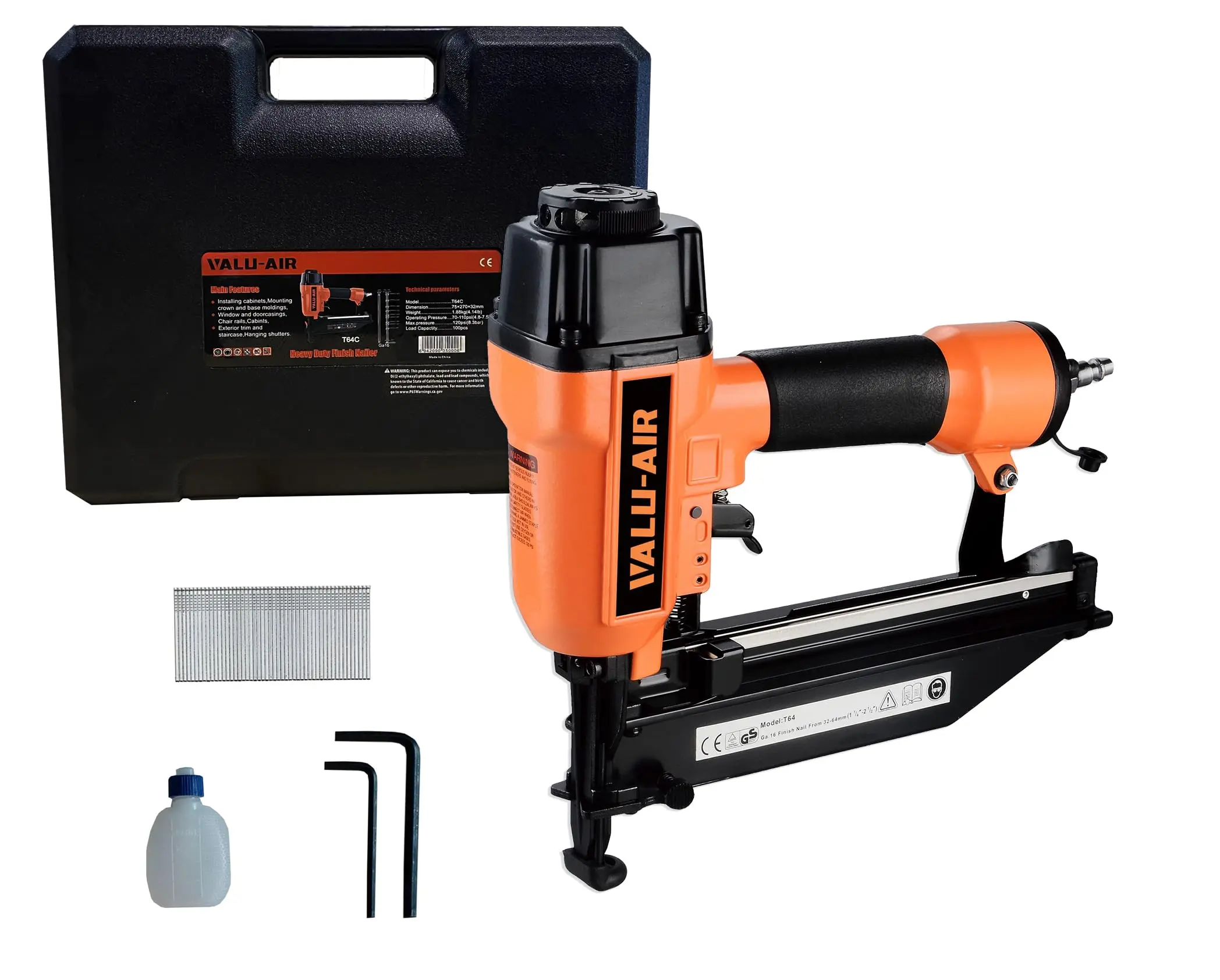 Valu-Air 16 Gauge Pneumatic Finish Nailer Tool - 7/8-in to 2-1/2-in Nails, Carrying Case Included, Air Compressor Required - For Chair Rail, Bedding, Furniture, Cabinets Installation, Baseboards
