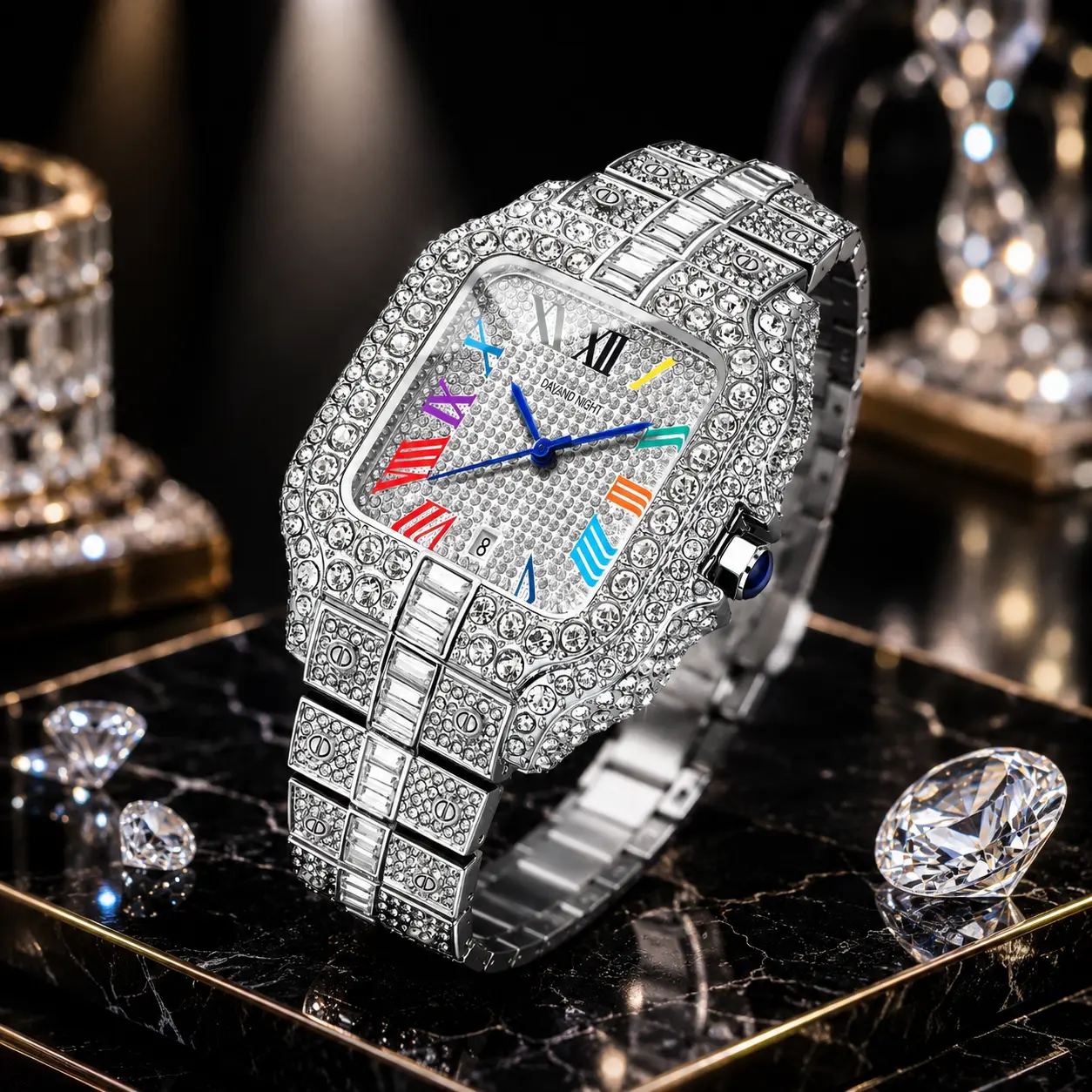 Men's Metallic Stainless Steel Wrist Watch, 42mm Hip Hop Style with Rainbow Roman Numerals, Masculine Analog Quartz Movement, 30m - 50m Waterproof with Clasp, 6368-Silver-White Diamond-Color Roman