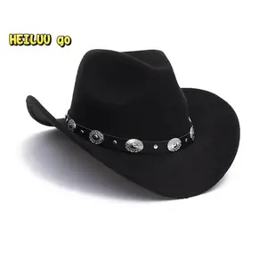 Men Women Felt Cowgirl Hat Ethnic Style Western Hat with Belt Vintage Sun Cap for Outdoor Party