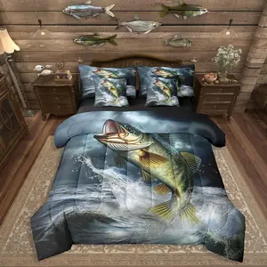 Bass Big Fish Comforter Set,7 Piece for Boys Men,Pike Fish Fishing Kids Bedding Set,Fishing and Hunting Bed in A Bag for Fisherman,Eat Small Fish Ocean Sheet Set with Comforter
