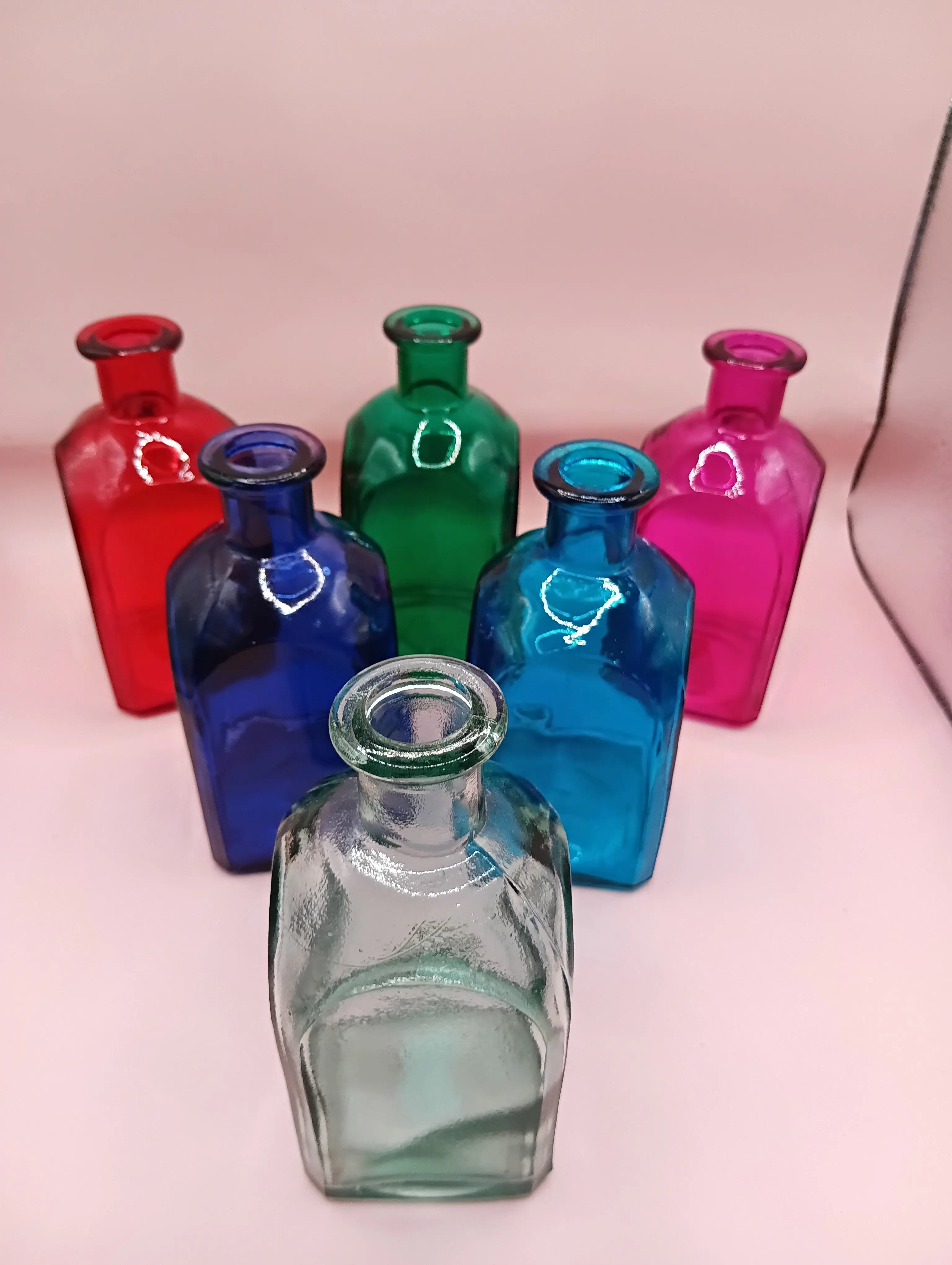 Vintage Square Glass Bottles  – Available in Clear, Green, Pink, Red, Blue, Teal, Purple – 5.5" Tall