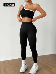 Women's Colorblock Asymmetrical Neck Sleeveless Spring Summer Knit Yoga Set, Yoga Activewear, Fitness Suit, High Waist Tight-Fitting Pants, Yoga Bottoms, Casual Fashion, Summer Sportswear