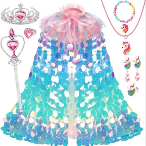 Princess Role Play Dress Up Costume Set for Girls Aged 4-6, 9-Piece Sequined Cape with Accessories, Perfect for Halloween & Birthday Parties