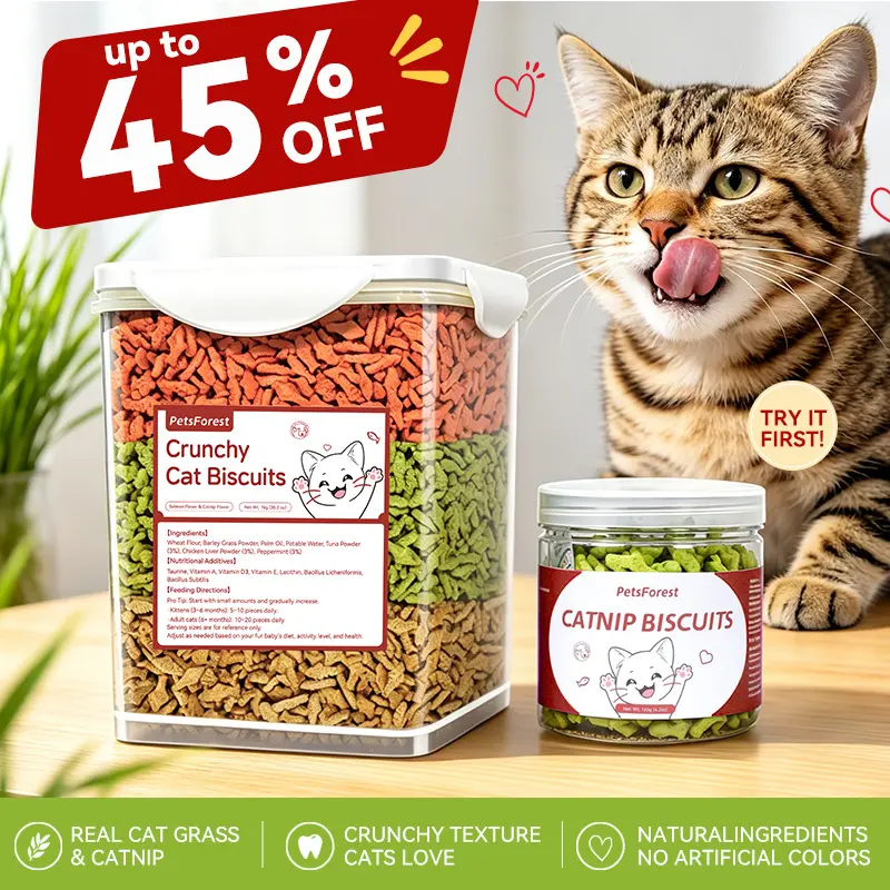 PetsForest Crunchy Cat Grass Treats, 2.2lb Assorted Shapes Variety Pack, Natural Feline Grass Biscuits, Training Reward Snacks with Daily Hairball Support