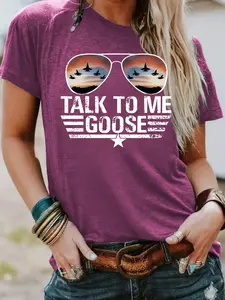 Women's "TALK TO ME GOOSE" Print Round Neck Tee Top, Vintage Trendy Streetwear Casual Printed Short Sleeve T-shirt for Daily Wear, Ladies Summer Womenswear