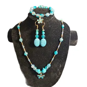 Gabriela Haller HigherKii Artique Blue Petals Jewelry Set with Flower Pendant and Beaded Necklace Set