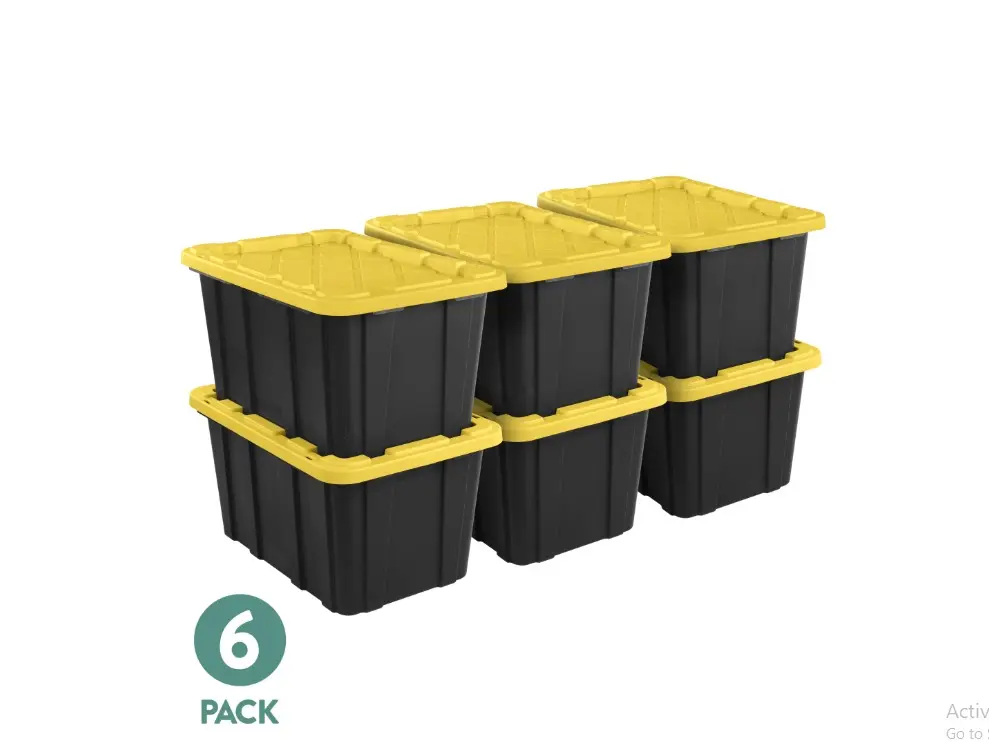 Large Storage Bin, 27 Gallon Durable Plastic Storage Tote with Snap-On Lid, Black and Yellow, 6 Pack