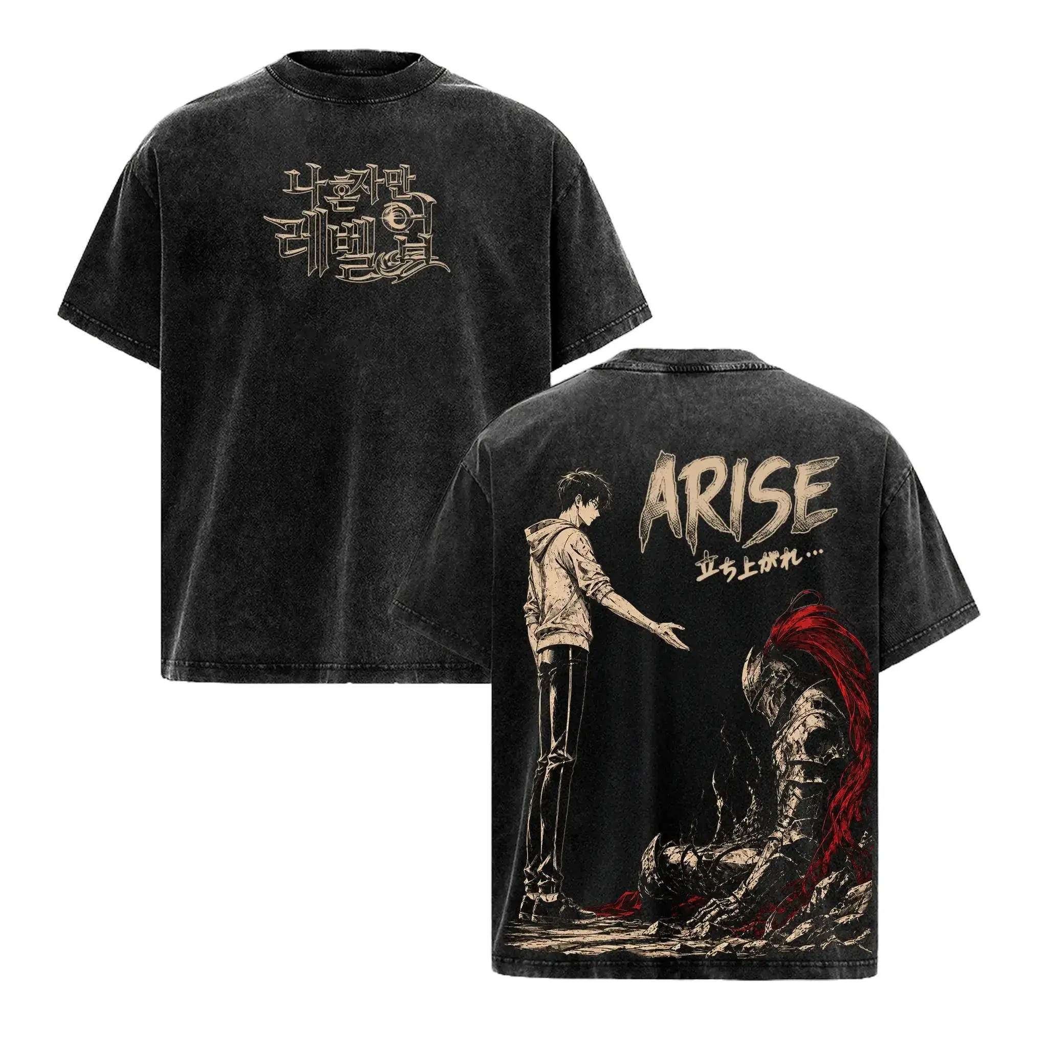 Solo Leveling Sung Jinwoo T-Shirt Vintage Washed Heavy Cotton Oversized Anime Graphic Tee Unisex Round Neck Short Sleeve Summer Casual Wear Machine Washable Double Printed 2D Manga Streetwear Top Black White Apparel For Anime Fans Everyday Outfits Now!!