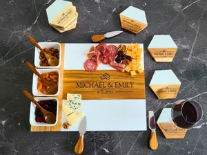 Personalized Acacia Wood and Marble Serving Board For Kitchen - Home Gifts - Personalized Serving Tray for Entertaining