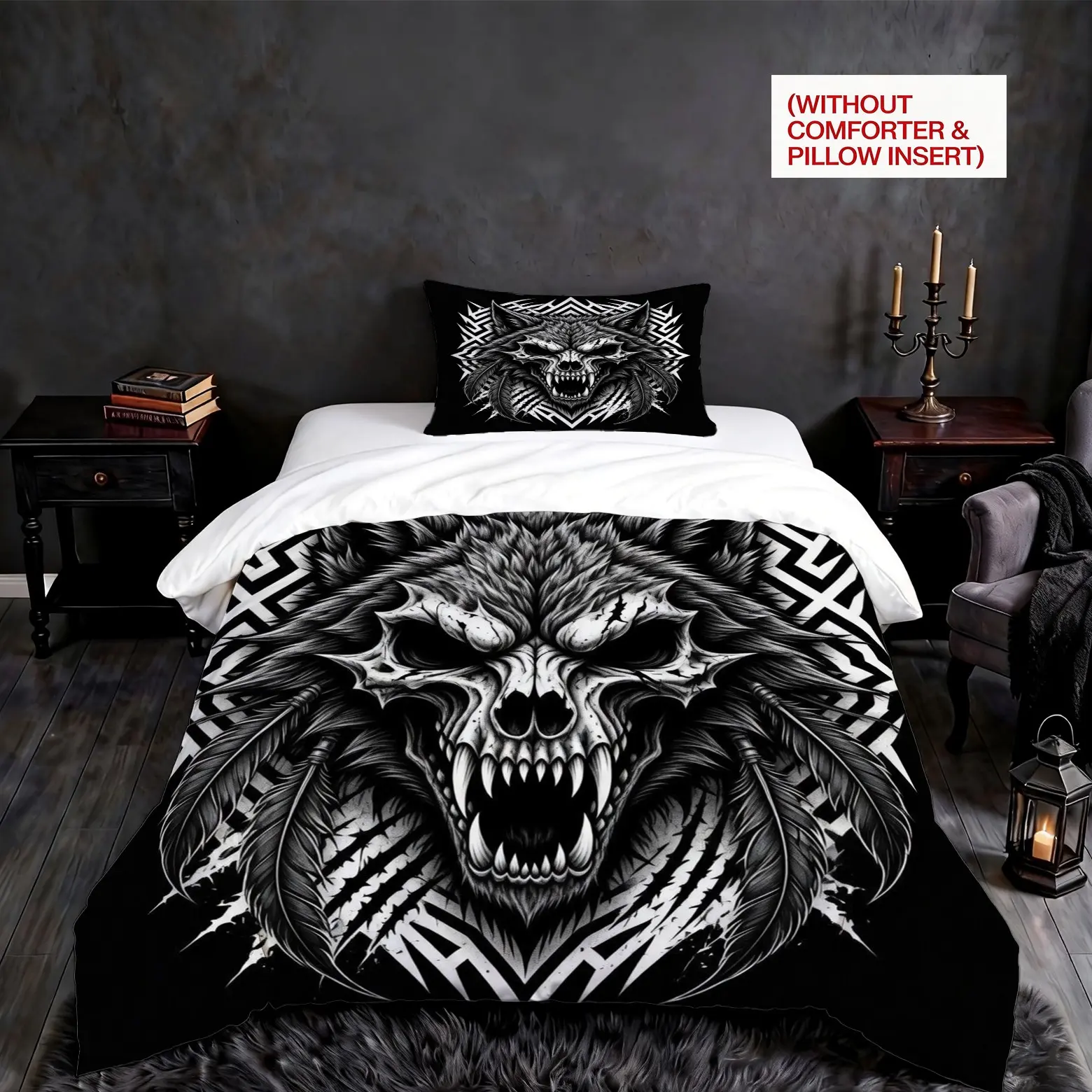 2/3PCS Gothic Wolf Skull Print Duvet Cover Set, Dark Edgy Aesthetic Bedding Set, Soft, Breathable & Skin-Friendly, Comfy Bed Sets Supplies, No Insert, All-Season Bedding for Bedroom, Guest Room & Dorm, Ideal Gift Choice, Decorative Bedding Set