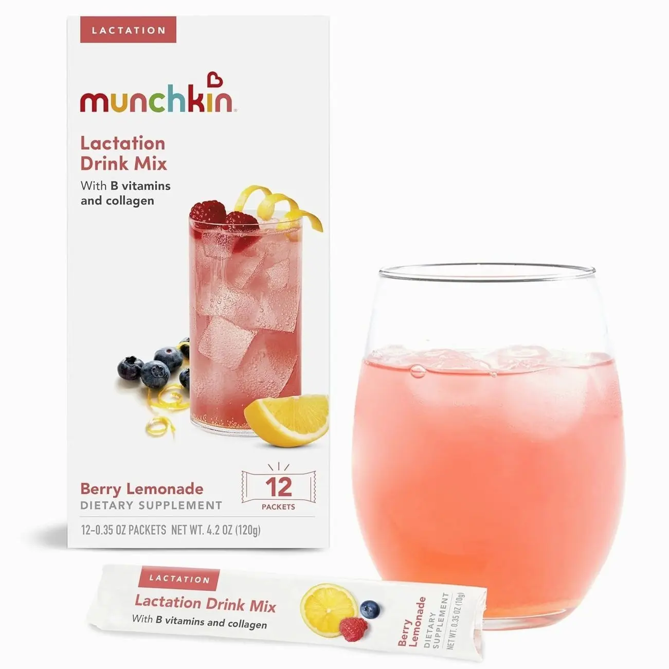 Munchkin Milkmakers Lactation Drink Mix Supplement with B Vitamins/Collagen/Fenugreek & Milk Thistle for Breastfeeding Moms, Berry Lemonade, 12 Count