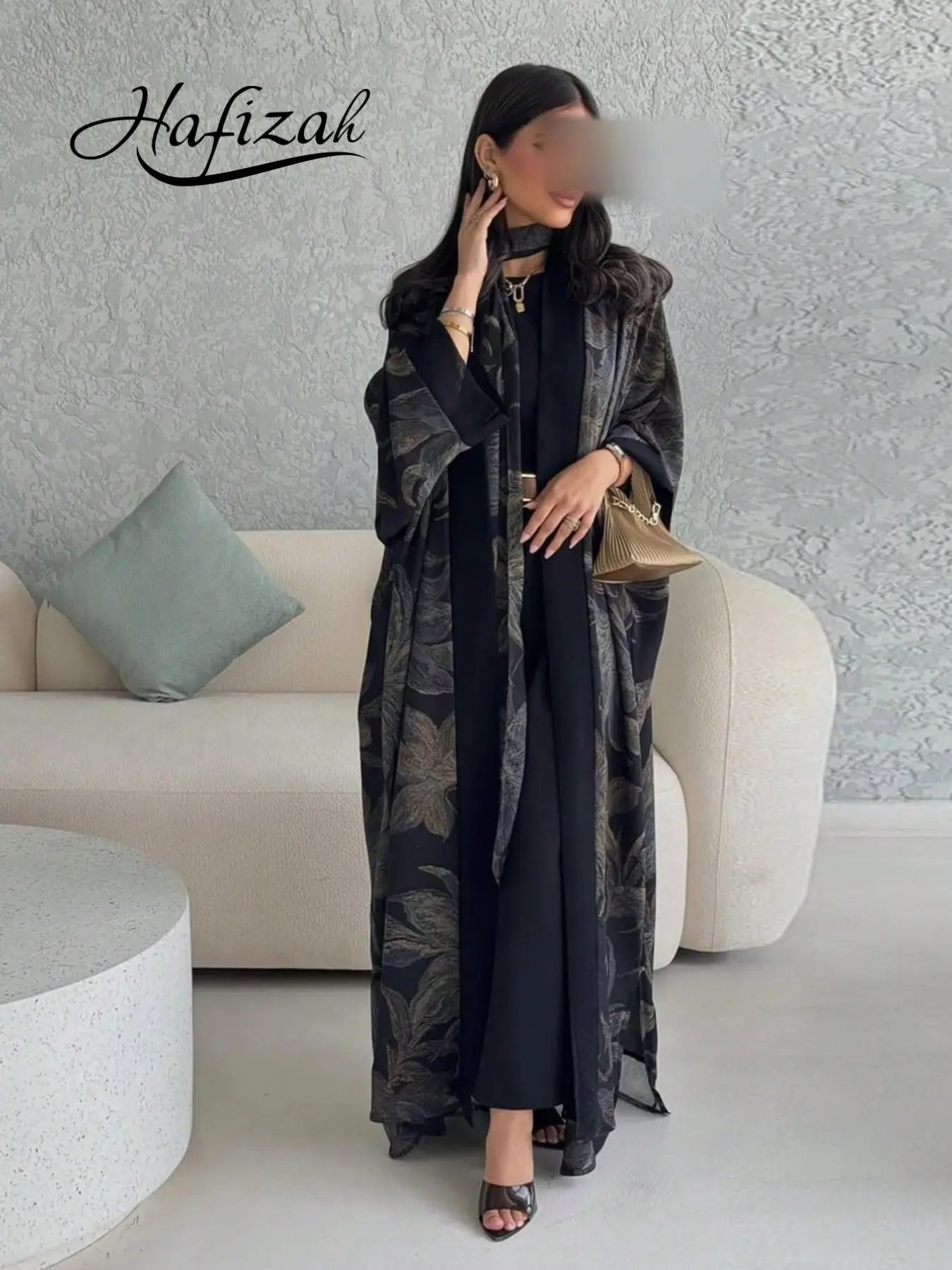 Hafizah Shawl Robe Set with Headscarf, Trendy Chiffon Print Outerwear, Casual Long Coat Two-Piece Abaya Hijab Set, Modest Islamic Abaya