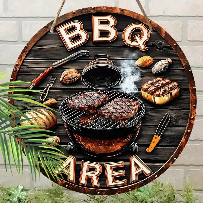 Wooden BBQ Theme Round Hanging Sign, Hanging Plaque, 1 Count Creative Grill Area Hanging Ornament, Wall Decor Western Decor Home Decor Products for Home Garden Balcony Party, Yard Sign